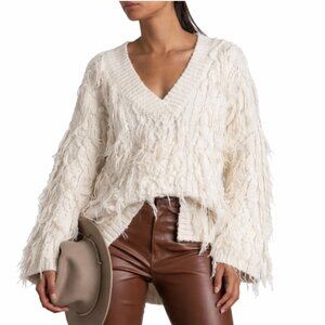 Anthropologie Oversized Fringe Cable Knit V-Neck Long Tunic Sweater Small